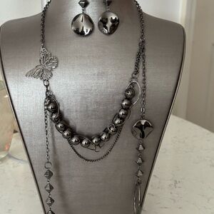 Statement Gunmetal Butterfly Necklace & Earring Set - Women's Jewelry